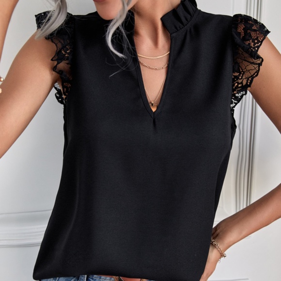 Boho Black Floral Lace Sheer Ruffle Top - Picture 3 of 5